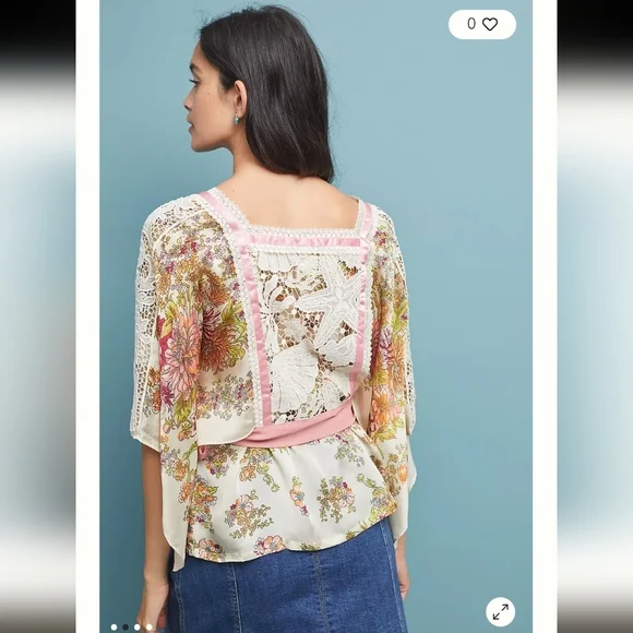 Anthropologie Floral Begonia Blouse Ribbon Small Petite Pink Orange Boho Tiny - Picture 2 of 5